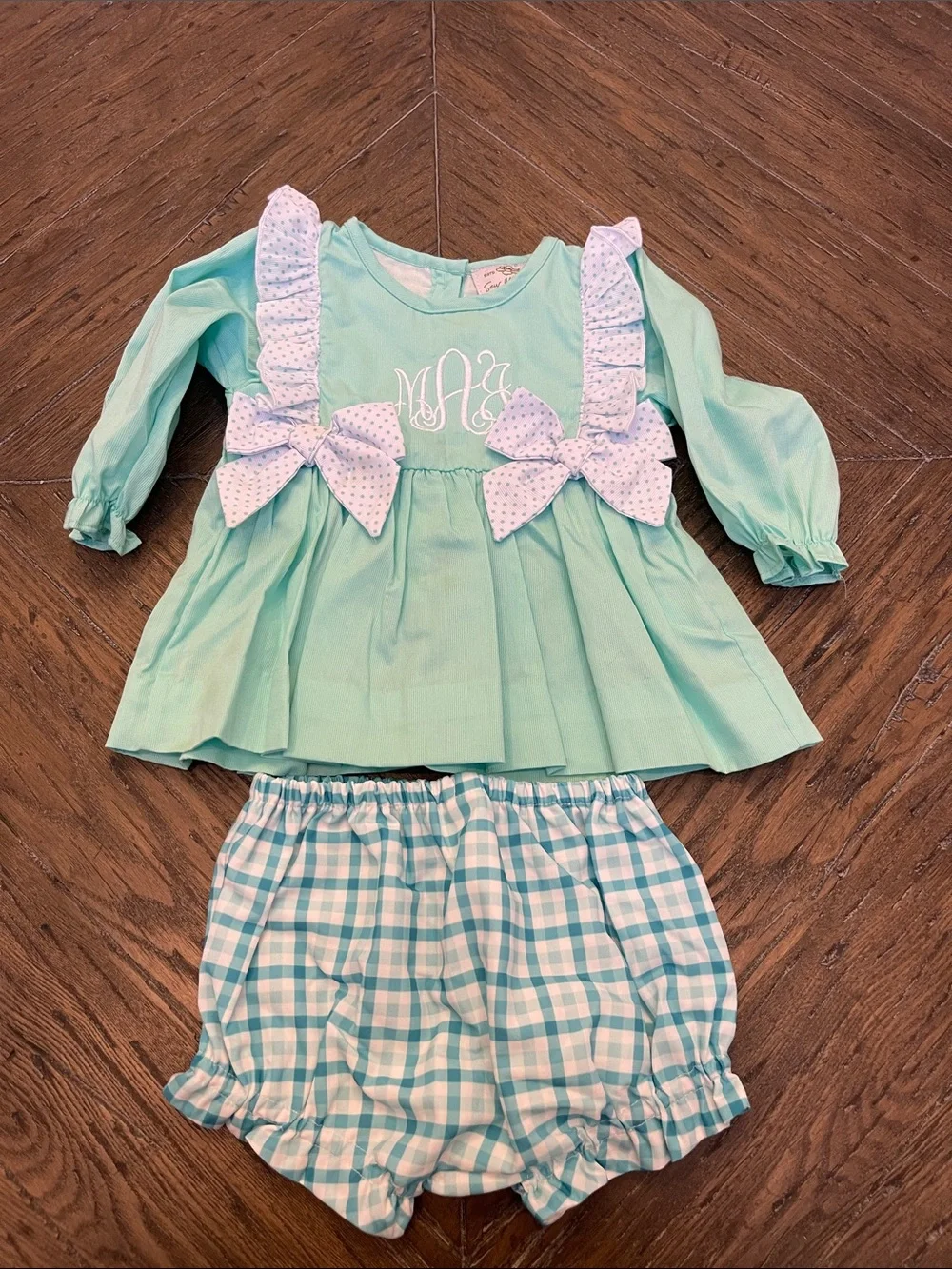Sew Magnolia Mint Green Ruffle Top & Gingham Bloomer Monogrammed set MAJ